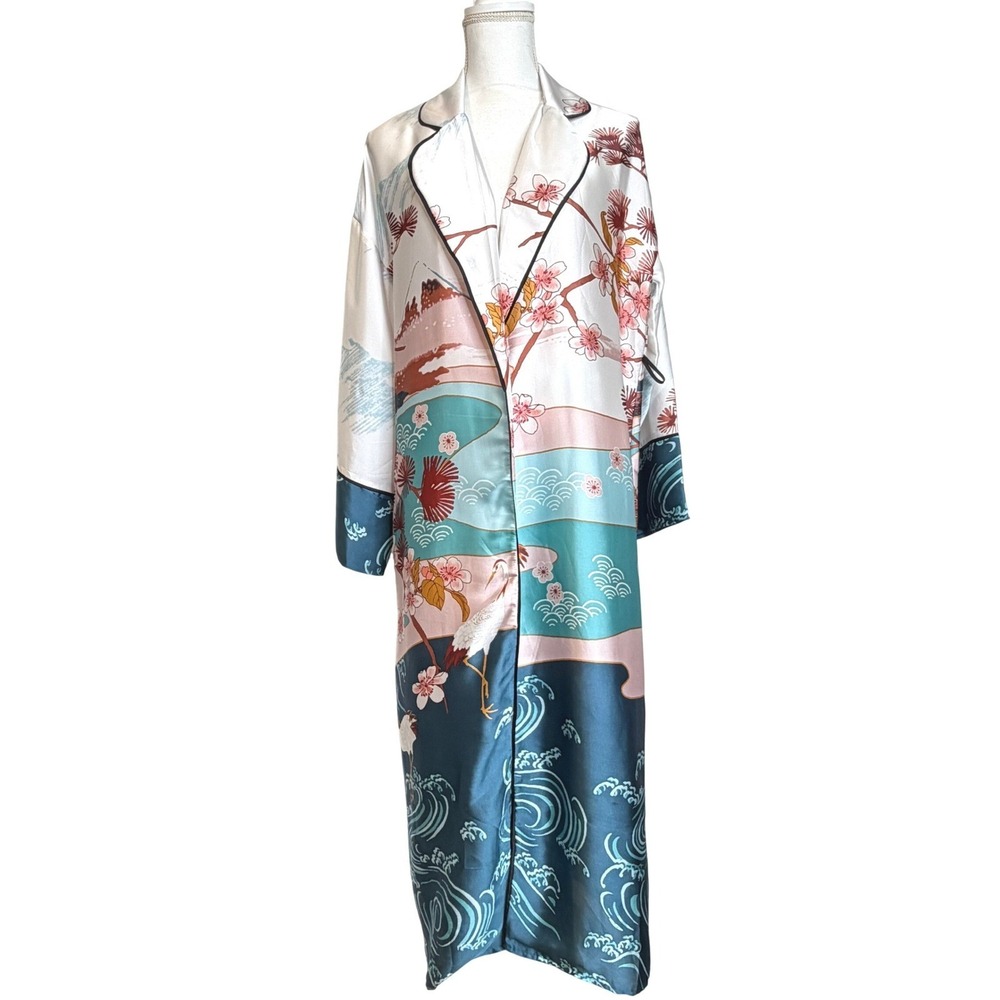 Forever 21 Kimono Duster Robe Satin Multicolor‎ Japanese Scenic Print Long S